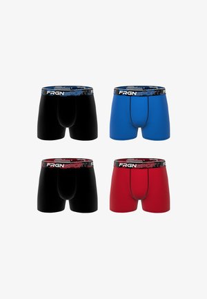 Quatre paires de boxers pour hommes en noir, bleu et rouge, chacune avec une ceinture noire comportant la marque "FRGN SPORT" en blanc.