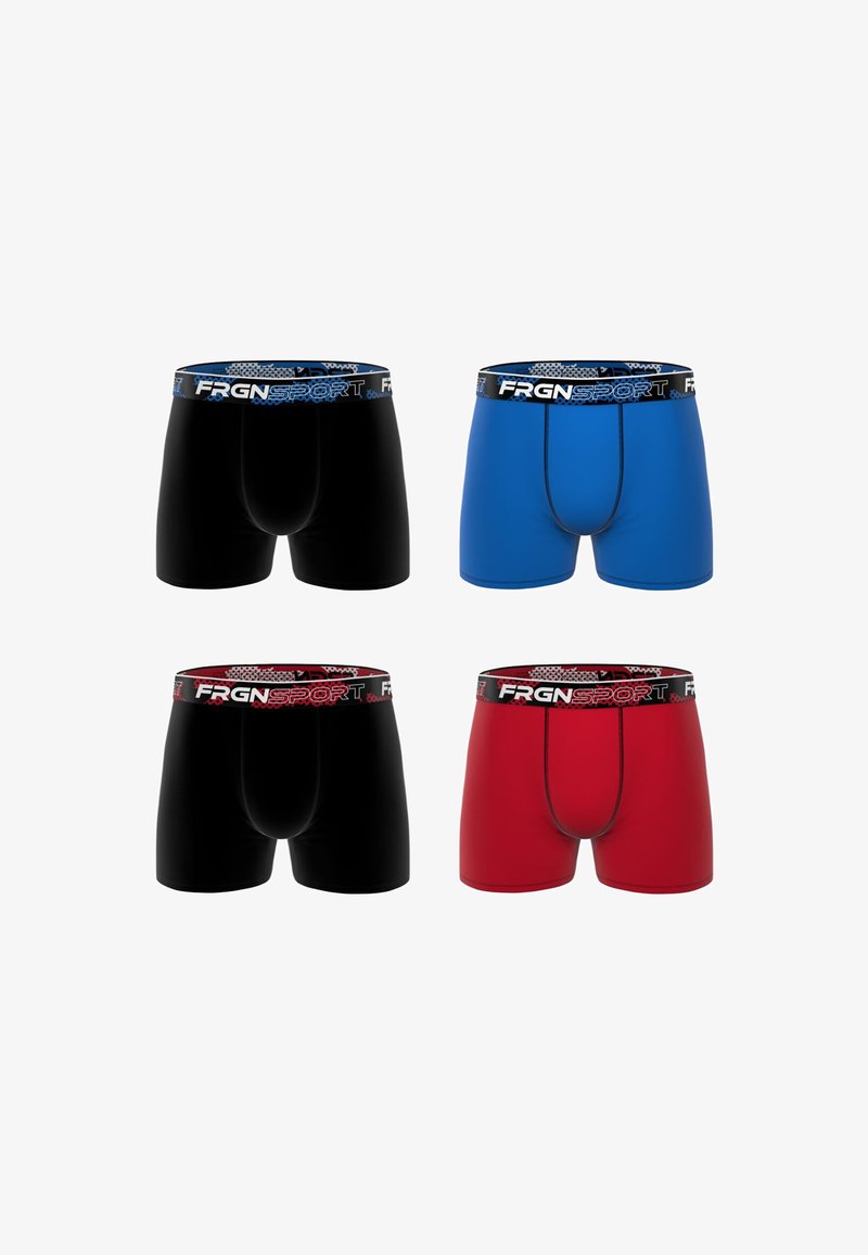 Quatre paires de boxers pour hommes en noir, bleu et rouge, chacune avec une ceinture noire comportant la marque "FRGN SPORT" en blanc.