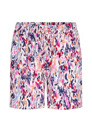 Dames shorts met elastische taille en verstelbare strik, met een meerkleurige abstracte penseelstreekprint in roze, paars, rood, marineblauw en beige tinten.