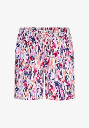Dames shorts met elastische taille en verstelbare strik, met een meerkleurige abstracte penseelstreekprint in roze, paars, rood, marineblauw en beige tinten.