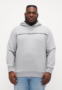 Szary hoodie z miękkiego materiału, z kieszenią kangurzą i czarnym poziomym paskiem; na klatce piersiowej haftowane logo "Calvin Klein".