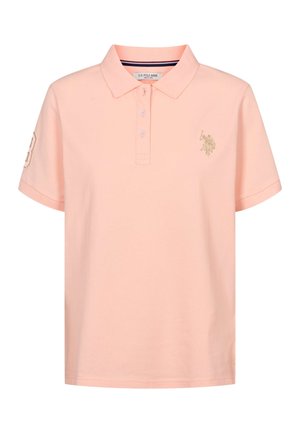 Lichtroze poloshirt van katoen, met een knoopsluiting met twee knopen en een geborduurd logo op de borst en mouw. Korte mouwen.