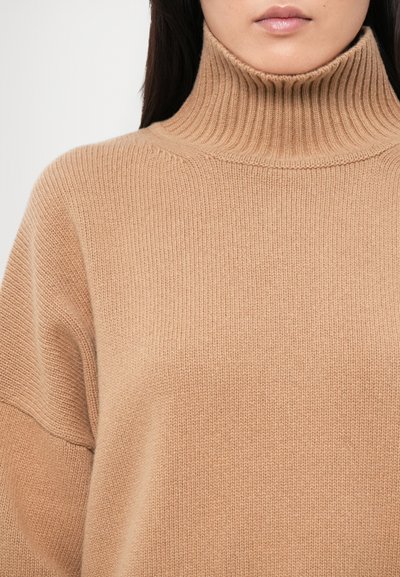 Pull col roulé beige en tricot doux, avec un col côtelé haut et une coupe décontractée avec des épaules tombantes.