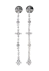 Silver chandelier earrings featuring circular tops and a cascading design with various clear gemstones and diamond-like accents.