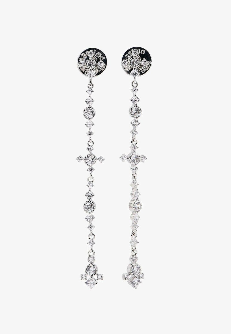 Orecchini a chandelier in argento con parti superiori circolari e un design a cascata con vari gioielli trasparenti e accenti simili a diamanti.