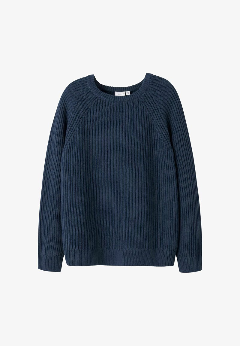 Tengerészkék bordázott kötött pulóver kereknyakkal, raglán ujjal és texturált felülettel. Puha anyag, laza fit, és nincs látható záródás.