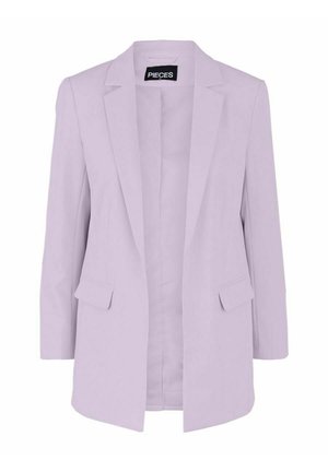 Light purple women's blazer with notch lapels, long sleeves, front flap pockets, and open front design.