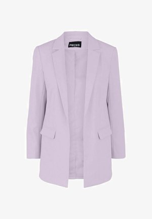 Veste pour femme de couleur violet clair avec col à découpes, manches longues, poches avant à rabat, et design à ouverture frontale.