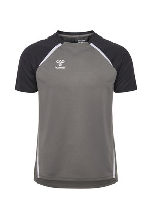 Rövid ujjú sportpóló szürke testtel, fekete raglán ujjakkal, fehér díszítéssel és fehér Hummel logóval a mellkason.