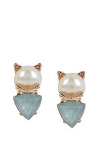 Gold-tone cat earrings featuring a large white pearl at the top, accented by pink stones, and a triangular pale blue gem below.
