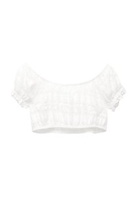 Valkoinen olkapäältä avattu crop-top, jossa on puffi-hihat, teksturoitu kangas ja rypytys yksityiskohtia bodissa, elastiset hihansuut.
