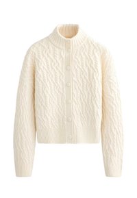 Kremna kardigan z vzorcem pletenja kabel, z visokim ovratnikom, z gumbi spredaj, rebrastimi manšetami in robom ter zapletenimi teksturiranimi vzorci.