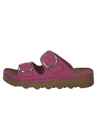 Pink slide sandal with two adjustable straps and gold hardware. Features a cork-like sole with wavy edges and a smooth texture.