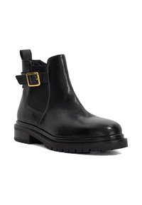 Black leather ankle boot with a rounded toe, side elastic, buckle detail, and a chunky textured rubber sole. Features a smooth finish.