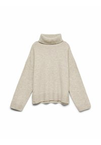 Bež pulover z visokim ovratnikom in rebrastim robom, z dolgimi rokavi in sproščenim krojem. Iz mehkega, teksturiranega materiala.