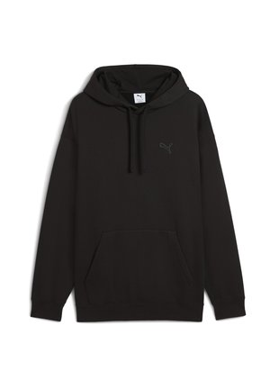 Zwarte hoodie met een voorzak, trekkoorden en een klein logo op de linkerborst. Gemaakt van zacht materiaal met ribgebreide manchetten en zoom.