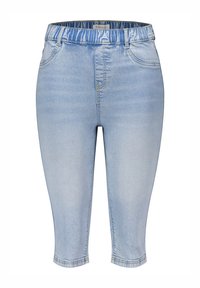 Lichtblauwe denim capri-broek met een elastische tailleband, vijf zakken en een licht vervaagde textuur.
