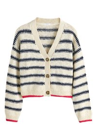 Cardigan en maille crème avec des rayures horizontales noires, trois boutons marron, col en V, manches longues et bordure rouge aux poignets et à l'ourlet.