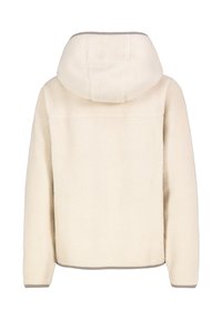 Cremefarbene Fleecejacke mit Kapuze, die eine strukturierte Oberfläche und kontrastierende Einfassung aufweist. Einfacher, lässiger Schnitt mit überschnittenen Schultern.