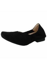 Schwarze Wildleder-Ballerinas mit spitzem Punkt, niedrigem Gummihacken und elastischen Kanten für einen sicheren Sitz. Keine sichtbaren Beschläge oder Verzierungen.