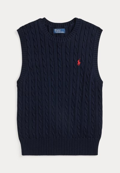 Σκούρα μπλε αμάνικο πουλόβερ με υφή πλεκτού καλωδίου, ριμπ ντεκολτέ και τελείωμα, με μικρό κόκκινο λογότυπο στο στήθος.