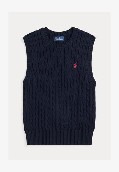 Σκούρα μπλε αμάνικο πουλόβερ με υφή πλεκτού καλωδίου, ριμπ ντεκολτέ και τελείωμα, με μικρό κόκκινο λογότυπο στο στήθος.