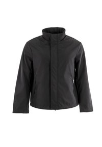 Giacca nera impermeabile con colletto alto, due tasche frontali con zip e maniche lunghe. Texture liscia, design semplice e senza motivi visibili.
