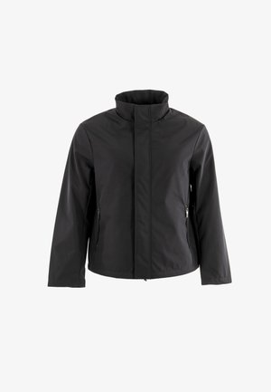 Giacca nera impermeabile con colletto alto, due tasche frontali con zip e maniche lunghe. Texture liscia, design semplice e senza motivi visibili.