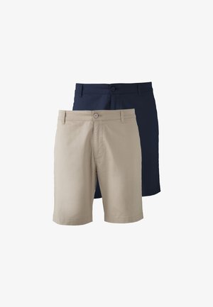 To par med shorts: en beige og en marineblå. Laget av bomull, med standard passform, flat front og knapplukking.