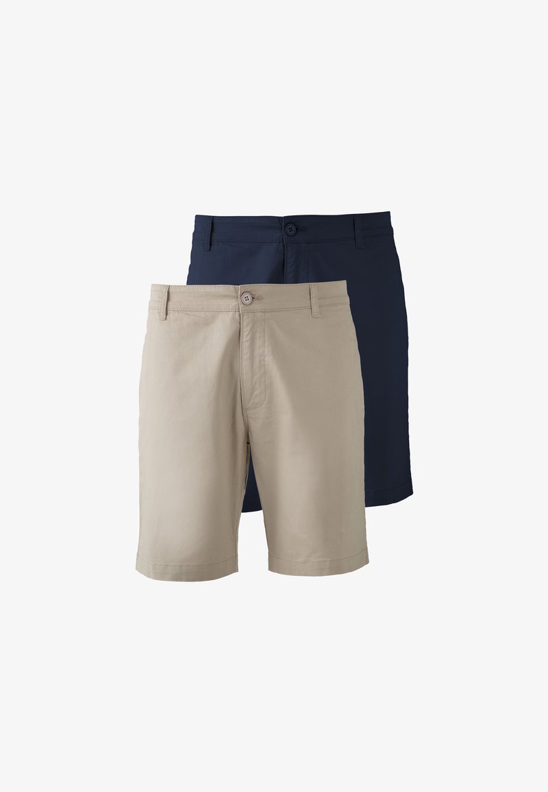 Two pairs of shorts: one beige and one navy. Made from cotton, with a standard fit, flat front, and button closure.