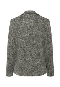 Szary żakiet w wzór houndstooth o dopasowanym kroju, z klapami, długimi rękawami i gładką fakturą. Został zaprezentowany widok z tyłu.