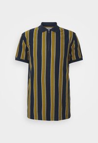 Herrpolo med dragkedja i kragen, marinblå och olivgröna vertikala ränder. Kortärmad med ribbade muddar. Material av bomullsblandning.