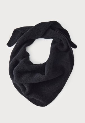 Soft black wool scarf folded in a loose loop with one end tucked in, shown against a plain white background.