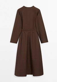 Robe midi à manches longues, de couleur brun foncé, avec une taille cintrée et des coutures simples, vue de dos sur un fond blanc.