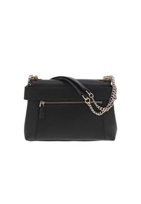 Borsa a tracolla nera in ecopelle con tasca frontale con zip, manico corto e tracolla a catena rimovibile. Design rettangolare compatto con finitura testurizzata.