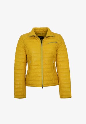 Gelbe gesteppte Lederjacke mit Reißverschluss an der Vorderseite, Stehkragen und seitlichen Taschen. Verfügt über eine Reißverschlusstasche auf der Brust und eine glatte Textur.