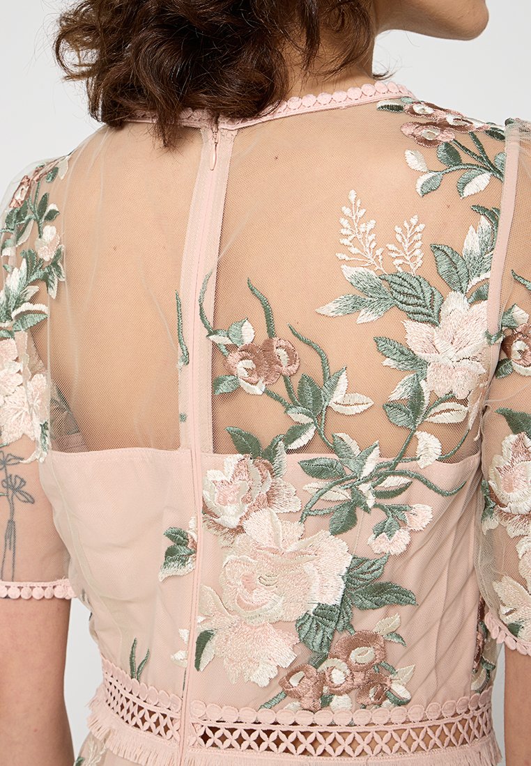 Abito rosa pallido con ricami floreali, maniche in rete trasparente e un prezioso bordo in pizzo. Presenta un corpetto aderente e chiusura con zip sul retro.