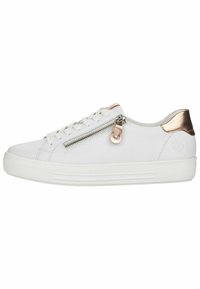 Baskets blanches avec une surface texturée, dotées d'une fermeture éclair sur le côté et de détails en rose gold sur le talon et le tire-zip. Semelle en caoutchouc plate.