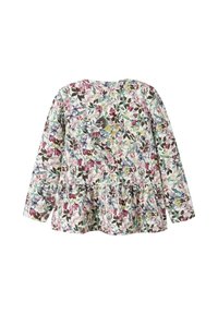 Long-sleeve blouse with multicolored floral print, gathered waist, and ruffled hem, shown from the back on white background.