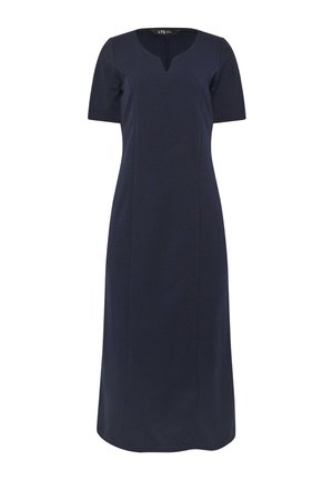 Marineblaues Midi-Kleid mit kurzen Ärmeln, abgerundetem Ausschnitt mit Schlitz und figurbetonter Silhouette.