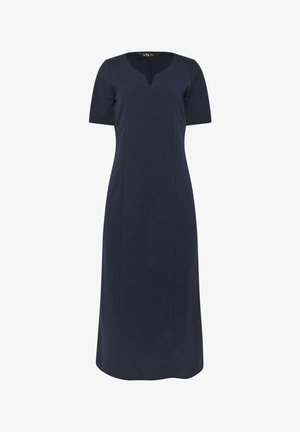 Marineblaues Midi-Kleid mit kurzen Ärmeln, abgerundetem Ausschnitt mit Schlitz und figurbetonter Silhouette.