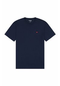 Marineblauwe katoenen t-shirt met korte mouwen en een ronde hals. Bevat een klein rood logo op de linkerkant van de borst. Klassieke pasvorm, gladde textuur.