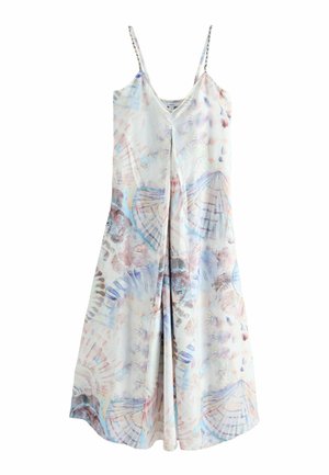 Leichtes, ärmelloses Sommerkleid mit dünnen Trägern, mit pasteltem Muschel- und Korallenmuster und einem vorderen Schlitz in der Mitte.