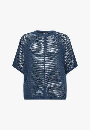 Løs marineblå hæklestrikket top med korte ærmer, bredt netmønster og rund halsudskæring.