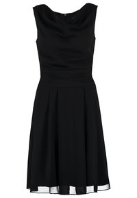 Robe noire sans manches avec un col bénitier, un corsage ajusté et une jupe évasée qui descend jusqu'aux genoux ; présente un détail froncé à la taille.