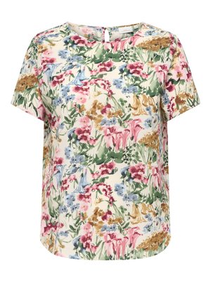 Blouse à manches courtes avec encolure ronde, fond crème et imprimé floral multicolore en tons de rose, bleu, vert et marron.