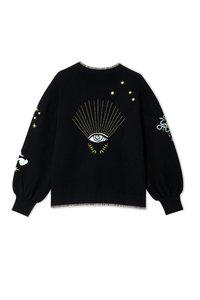 Čierny pulóver so balónovými rukávmi. Obsahuje motív oka a zlatú výšivku so starými a kvetinovými akcentmi. Hladký golier a lemovanie.