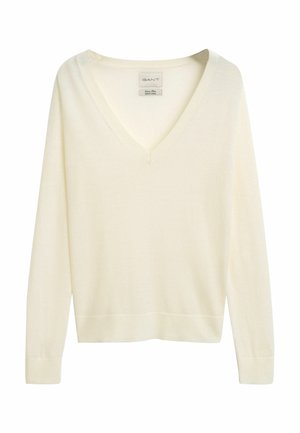 Weißer V-Ausschnitt-Pullover aus weicher Wolle. Mit langen Ärmeln, gerippten Bündchen und geradem Saum. Minimalistisches Design ohne Muster oder Akzente.