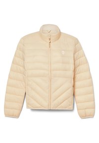 Puffjakke i lys beige med lynlås foran, høj krave og chevron-quiltet mønster. Har elastiske manchetter og et logo på brystet.
