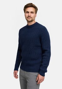 Muž so svetlohnedými vlasmi, oblečený v tmavomodrom textúrovanom pletenom svetri a svetlosivých nohaviciach, na jednoduchom bielom pozadí.